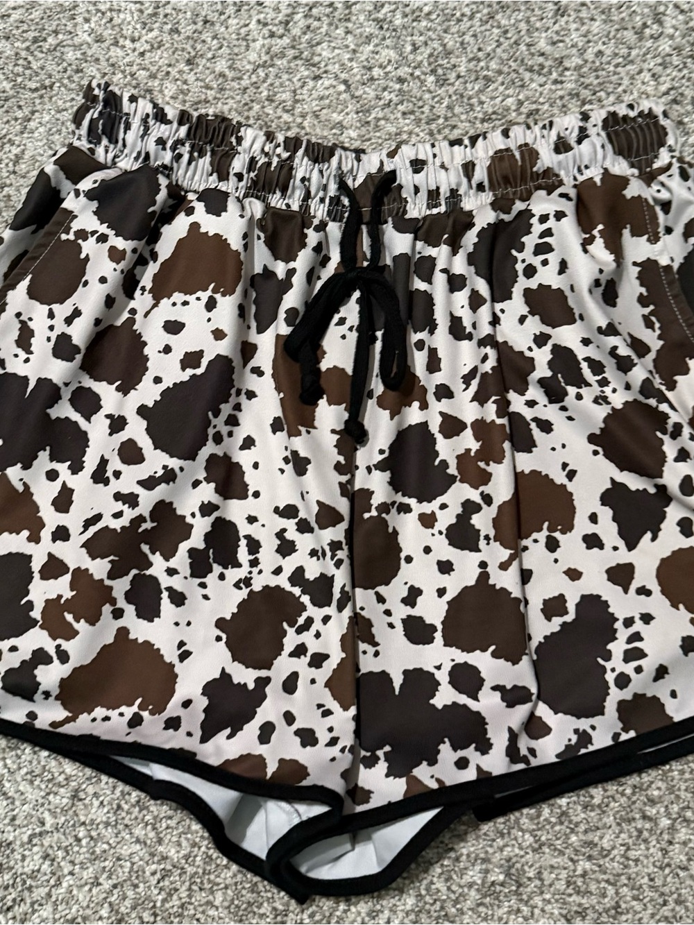 Women’s Cow Print Athletic Drawstring Shorts - Brown/White
